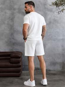 EGENSIO Men's Comfortable Crew Neck Short Sleeve T-Shirt Set, With Drawstring Elastic Waist Design, Jacquard Fabric, Suitable For Vacation, Party, Gathering - White - View 2