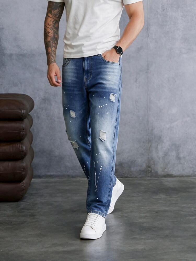 EGENSIO Men's American Streetwear Distressed Straight Leg Casual Jeans With Splatter Paint Graffiti Design - Blue - View 4