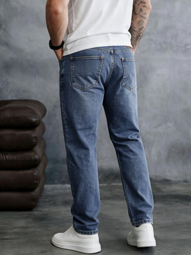 EGENSIO Casual Vintage Washed Blue Straight Loose Fit Mid-Rise Jeans, Spring/Summer - Blue - View 4