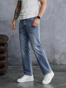 EGENSIO Casual Vintage Washed Blue Straight Loose Fit Mid-Rise Jeans, Spring/Summer - Blue - View 2