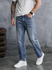 EGENSIO Casual Vintage Washed Blue Straight Loose Fit Mid-Rise Jeans, Spring/Summer - Blue - View 1