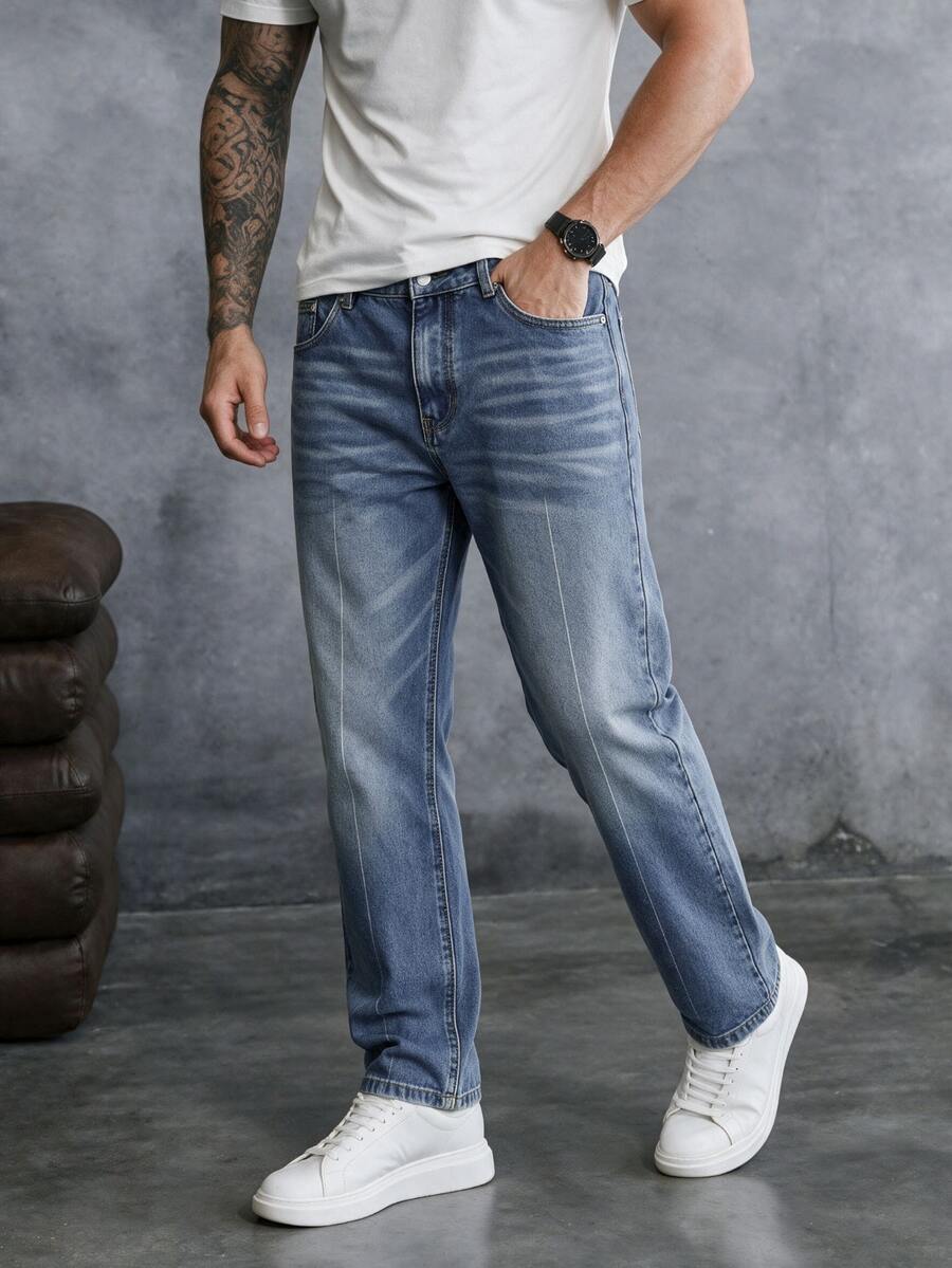 EGENSIO Casual Vintage Washed Blue Straight Loose Fit Mid-Rise Jeans, Spring/Summer - Blue - View 1