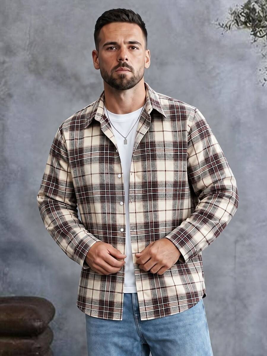 EGENSIO Men's Plus Size Plaid Casual Daily Wear Shirt, Formal - Coffee Brown - View 1