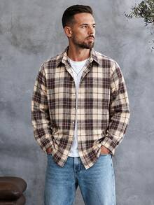 EGENSIO Men's Plus Size Plaid Casual Daily Wear Shirt, Formal - Coffee Brown - View 4