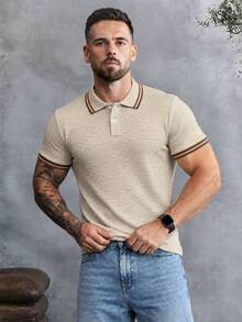 EGENSIO Camisa polo de hombre de punto jacquard unicolor con textura, cuello y puños acanalados, 2 botones, color albaricoque - Albaricoque - Ver 1