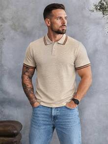 EGENSIO Camisa polo de hombre de punto jacquard unicolor con textura, cuello y puños acanalados, 2 botones, color albaricoque - Albaricoque - Ver 3