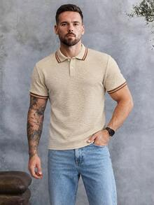 EGENSIO Camisa polo de hombre de punto jacquard unicolor con textura, cuello y puños acanalados, 2 botones, color albaricoque - Albaricoque - Ver 2