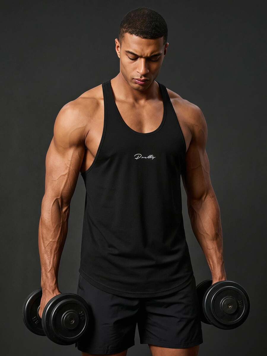 Manfinity Boyfriend Style Men Letter Graphic Racer Back Gym Tank Top - Black - View 1