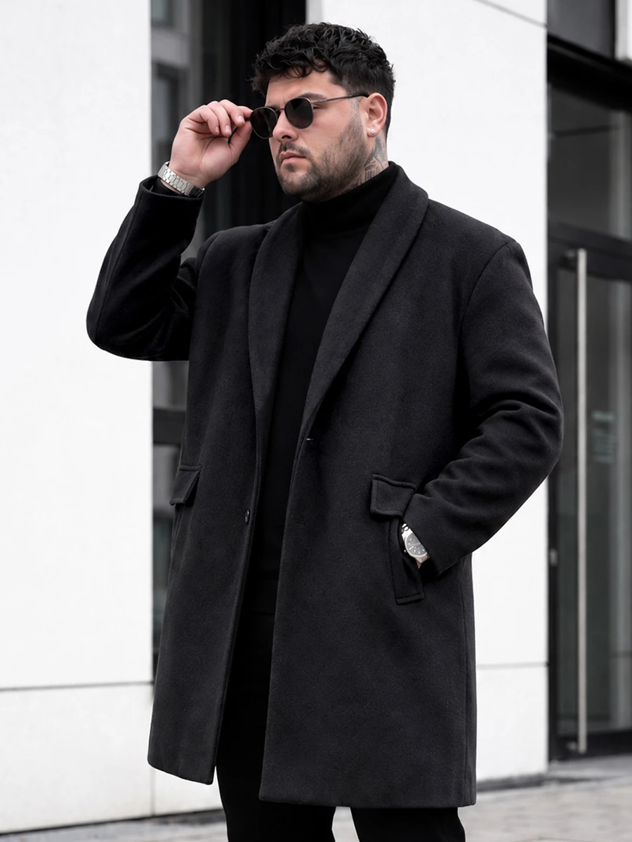 Manfinity CasualCool Men's BPlus-Size Utton Front Long-Sleeved Pocket Simple Casual Overcoat, For Going Out, Gifts For Friends, Husbands And Boyfriends, Fall Winter - Black - View 1