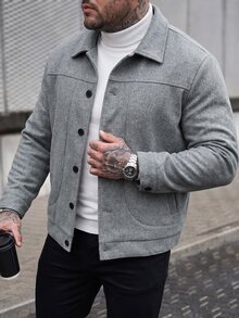 Manfinity CasualCool معطف قصير أنيق بأكمام طويلة مقاس كبير للرجال مناسب للخريف/الشتاء من الصوف، مناسب للخروج والعمل والسفر والحفلات وغيرها من المناسبات، رائع للأزواج ويشكل هدية ممتازة للأصدقاء أو الأزواج أو الأصدقاء باللون الرمادي - رمادي - مشاهدة 1