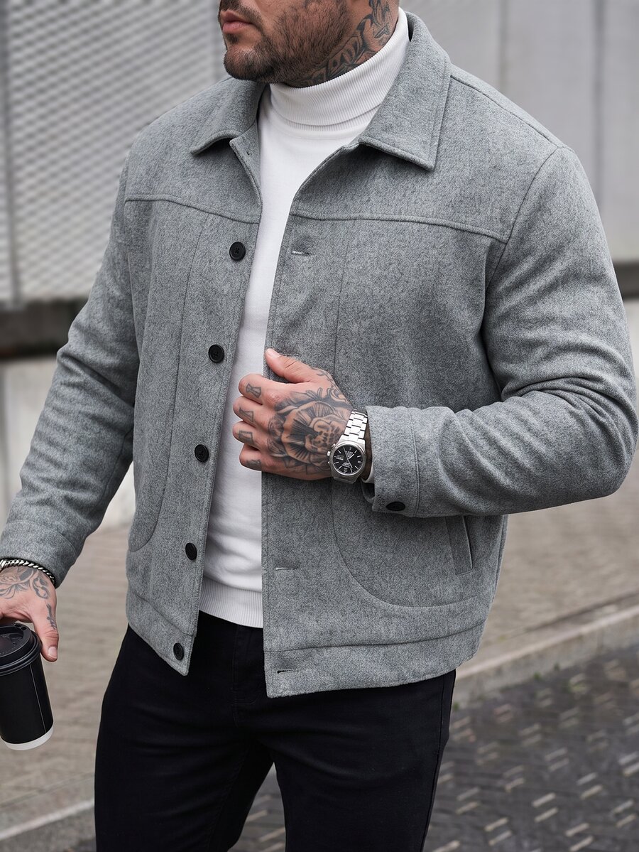 Manfinity CasualCool معطف قصير أنيق بأكمام طويلة مقاس كبير للرجال مناسب للخريف/الشتاء من الصوف، مناسب للخروج والعمل والسفر والحفلات وغيرها من المناسبات، رائع للأزواج ويشكل هدية ممتازة للأصدقاء أو الأزواج أو الأصدقاء باللون الرمادي - رمادي - مشاهدة 1