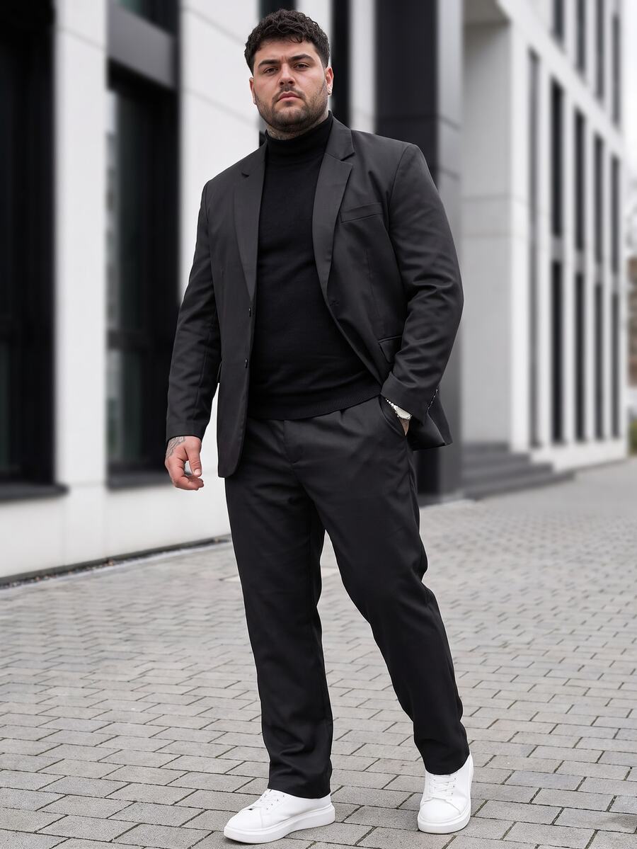 Manfinity CasualCool 男士大尺碼簡約純色西裝套裝:長袖西裝外套與長褲,黑色,秋季,優雅,晚餐,特殊場合,修身婚禮舞會典禮,正式 - 黑色 - 查看 1
