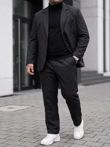 Manfinity CasualCool 男士大尺碼簡約純色西裝套裝：長袖西裝外套與長褲，黑色，秋季，優雅，晚餐，特殊場合，修身婚禮舞會典禮，正式 - 黑色 - 查看 3