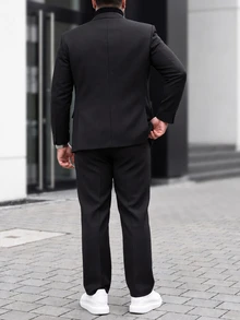 Manfinity CasualCool 男士大尺碼簡約純色西裝套裝：長袖西裝外套與長褲，黑色，秋季，優雅，晚餐，特殊場合，修身婚禮舞會典禮，正式 - 黑色 - 查看 2