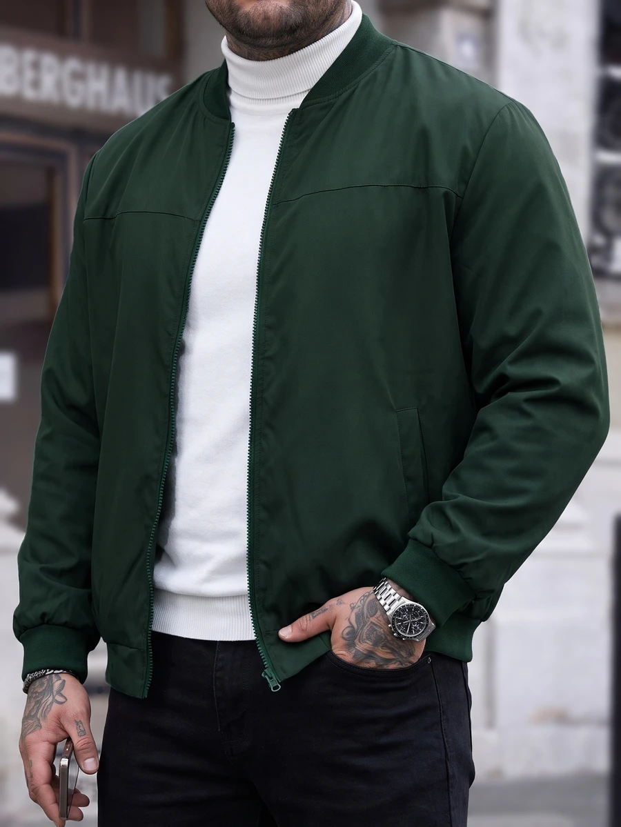 Manfinity CasualCool Plus Size Men's Casual Lightweight Solid Color Jacket, Summer - Dark Green - View 1