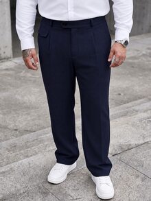Manfinity CasualCool 男士大尺碼純色口袋休閒百搭日常旅行西裝長褲，正式老錢風 - 藏蓝色 - 查看 1