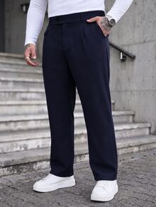 Manfinity CasualCool 男士大尺碼純色口袋休閒百搭日常旅行西裝長褲，正式老錢風 - 藏蓝色 - 查看 3