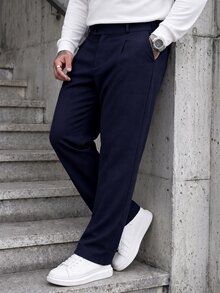 Manfinity CasualCool 男士大尺碼純色口袋休閒百搭日常旅行西裝長褲，正式老錢風 - 藏蓝色 - 查看 4