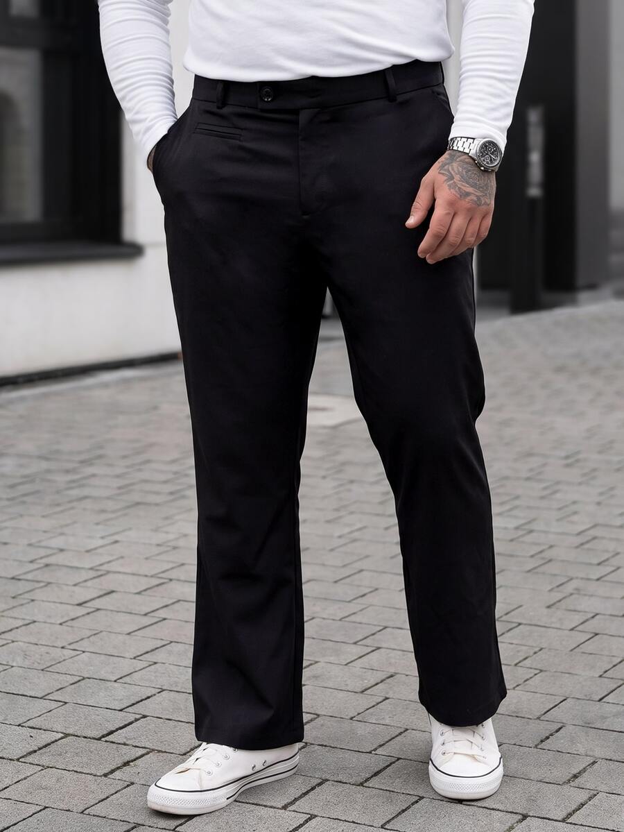 Manfinity CasualCool 男士大尺碼簡約素色商務側口袋西裝長褲，正式，儀式 - 黑色 - 查看 1