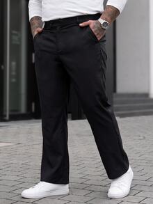 Manfinity CasualCool 男士大尺碼簡約素色商務側口袋西裝長褲，正式，儀式 - 黑色 - 查看 4