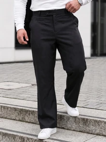 Manfinity CasualCool 男士大尺碼簡約素色商務側口袋西裝長褲，正式，儀式 - 黑色 - 查看 3