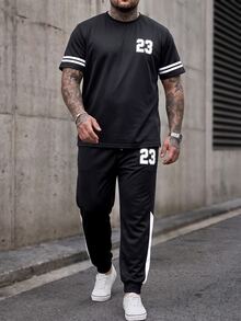 Manfinity CasualCool Plus Size Men Contrast Color Striped Numeral Print T-Shirt And Pants Set - Black - View 4