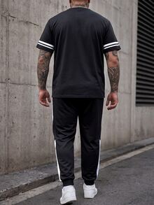 Manfinity CasualCool Plus Size Men Contrast Color Striped Numeral Print T-Shirt And Pants Set - Black - View 2