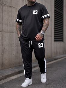 Manfinity CasualCool Plus Size Men Contrast Color Striped Numeral Print T-Shirt And Pants Set - Black - View 1