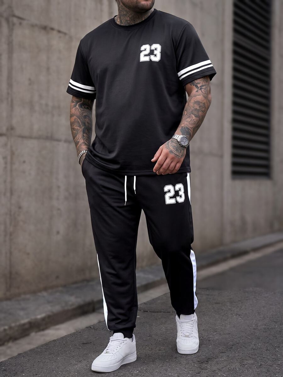 Manfinity CasualCool Plus Size Men Contrast Color Striped Numeral Print T-Shirt And Pants Set - Black - View 1