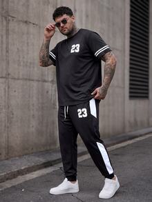 Manfinity CasualCool Plus Size Men Contrast Color Striped Numeral Print T-Shirt And Pants Set - Black - View 3