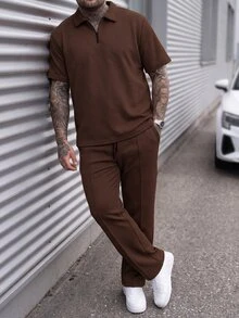 Manfinity CasualCool Plus Size Men's Solid Color Brown Short Sleeve Polo Shirt And Pants Set Men's Co Ord Set - Coffee Brown - View 3