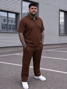 Manfinity CasualCool Plus Size Men's Solid Color Brown Short Sleeve Polo Shirt And Pants Set Men's Co Ord Set - Coffee Brown - View 1