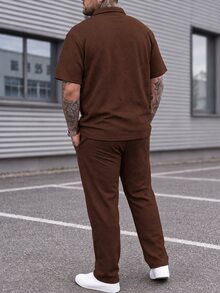 Manfinity CasualCool Plus Size Men's Solid Color Brown Short Sleeve Polo Shirt And Pants Set Men's Co Ord Set - Coffee Brown - View 2