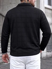 Manfinity CasualCool 男士加大码休闲纯色纹理 Polo 衫，适合秋季穿着，长袖上衣 - 黑色 - 查看 2