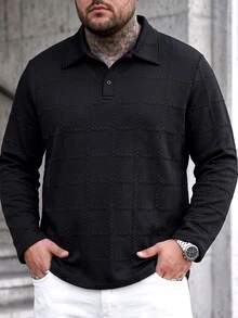 Manfinity CasualCool 男士加大码休闲纯色纹理 Polo 衫，适合秋季穿着，长袖上衣 - 黑色 - 查看 1