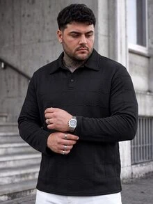 Manfinity CasualCool 男士加大码休闲纯色纹理 Polo 衫，适合秋季穿着，长袖上衣 - 黑色 - 查看 4