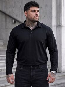 Manfinity CasualCool Plus Size Men's Solid Color Front Button Long Sleeve Casual Plain Polo Shirt, Going Out, For Fall, Formal - Black - View 4