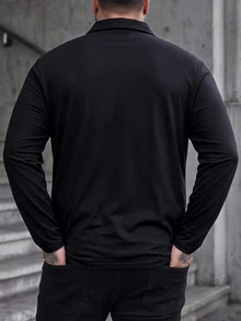 Manfinity CasualCool Plus Size Men's Solid Color Front Button Long Sleeve Casual Plain Polo Shirt, Going Out, For Fall, Formal - Black - View 2
