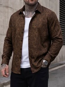 Manfinity CasualCool Plus Size Men's Casual Paisley Print Long Sleeve Brown T-Shirt - Mocha Brown - View 1