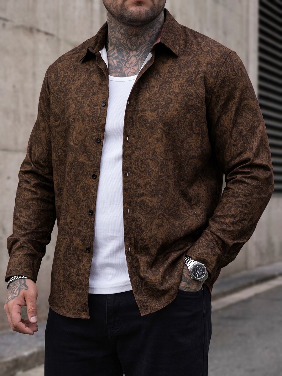 Manfinity CasualCool Plus Size Men's Casual Paisley Print Long Sleeve Brown T-Shirt - Mocha Brown - View 1
