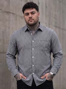 Manfinity CasualCool Men's Plus Size Plaid Print Front Button Pocket Long Sleeve Casual Business Dress Shirt, Going Out, For Fall, Formal, Old Money - Black and White - View 3