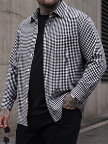 Manfinity CasualCool Men's Plus Size Plaid Print Front Button Pocket Long Sleeve Casual Business Dress Shirt, Going Out, For Fall, Formal, Old Money - Black and White - View 1