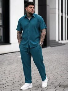 Manfinity CasualCool Plus Size Men's Solid Color Button-Front Short Sleeve Shirt And Drawstring Waist Long Pants Set - Olive Green - View 4