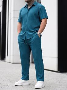 Manfinity CasualCool Plus Size Men's Solid Color Button-Front Short Sleeve Shirt And Drawstring Waist Long Pants Set - Olive Green - View 1