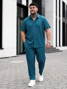 Manfinity CasualCool Plus Size Men's Solid Color Button-Front Short Sleeve Shirt And Drawstring Waist Long Pants Set - Olive Green - View 3