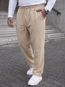 Manfinity CasualCool 男士大码休闲纯色直筒裤，纯色长款宽松奶油色都市裤，适合丈夫、男朋友的礼物，适合秋季 - 杏色 - 查看 4