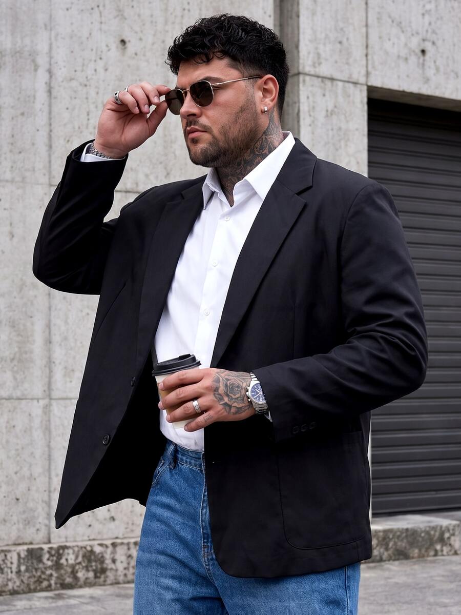 Manfinity CasualCool بدلة رسمية أنيقة للرجال بمقاسات كبيرة، لون موحد، ياقة طية، أكمام طويلة، بليزر أسود، للربيع والخريف، للمناسبات - الأسود - مشاهدة 1