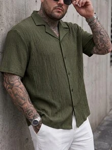 Manfinity CasualCool 男士大尺碼純色短袖襯衫，鈕扣式素色綠色工作休閒襯衫，正式款 - 綠色 - 查看 5