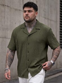 Manfinity CasualCool 男士大尺碼純色短袖襯衫，鈕扣式素色綠色工作休閒襯衫，正式款 - 綠色 - 查看 3