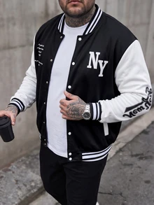 Manfinity CasualCool 男式加大码标语图案双色棒球夹克，卡通人物，长袖，外出，街头时尚，纽约风，撞色，秋季 - 黑與白 - 查看 4